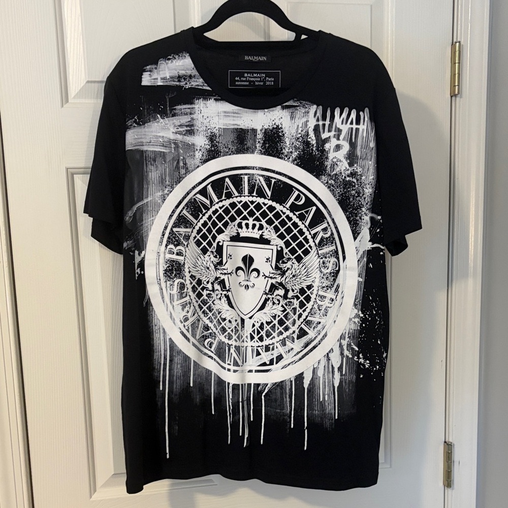 Balmain Black and White Graffiti Crest T-Shirt